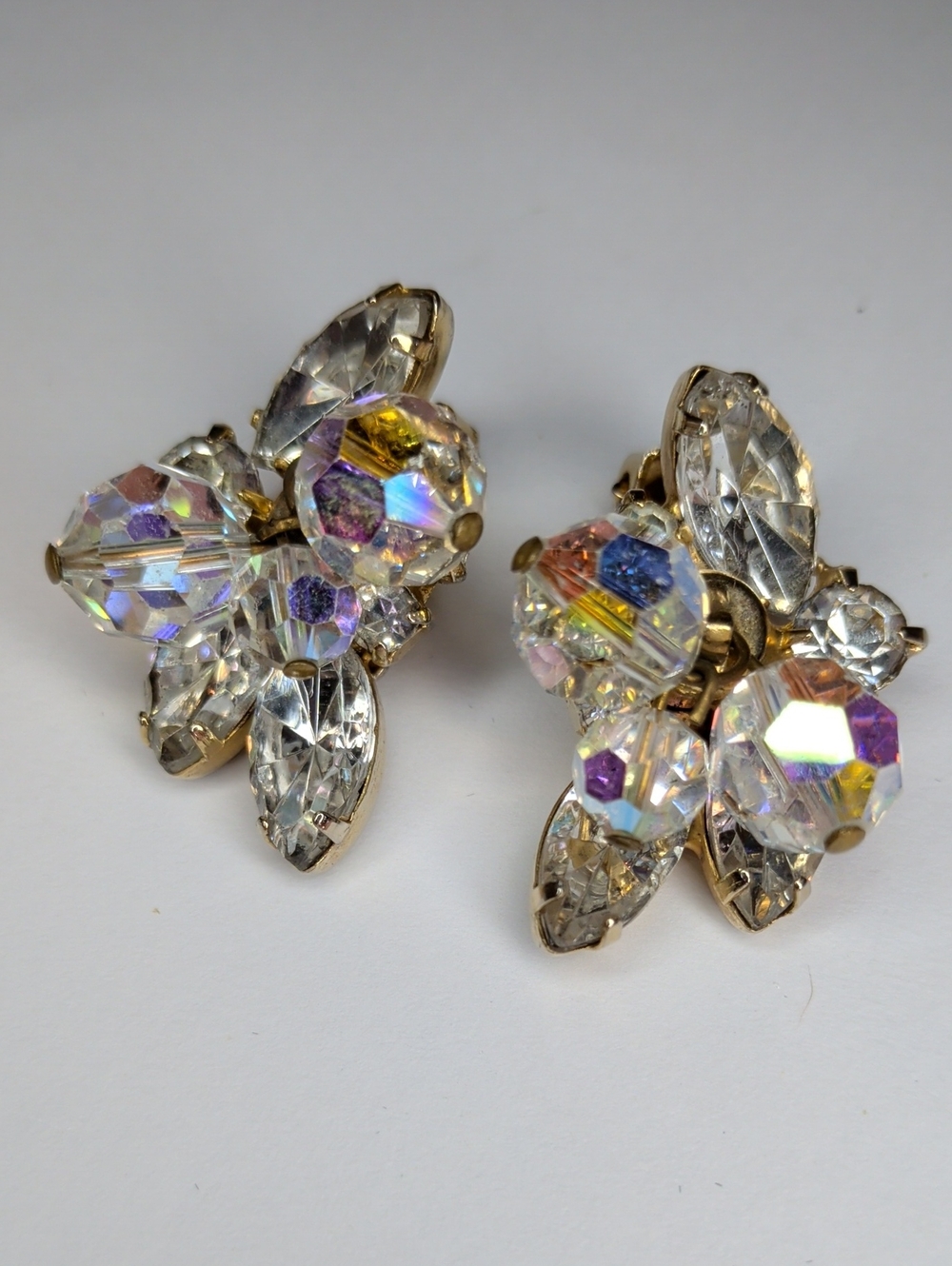 Vintage 60s Aurora Borealis Crystal Earrings Formal Elegant Wedding Clip-on